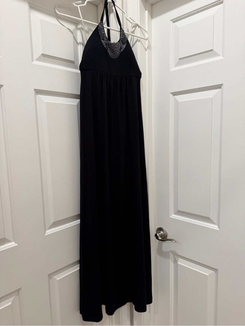 Tommy Bahama Long Black Halter Top with Silver Beaded Neckline